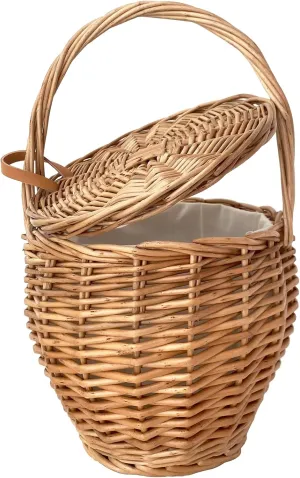 1 pcs Natural Willow Wicker Handbag with Lid (7.9'' x 13.4''), Handcrafted, Retro Bucket Bag with Cover, Round Flower Basket, Hanging Planters, Rattan Tote Bag for Women, Beach Bag, for Picnic