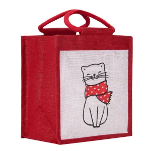 11" x 10" Cat Print Zipper Lunch Bag (Red)