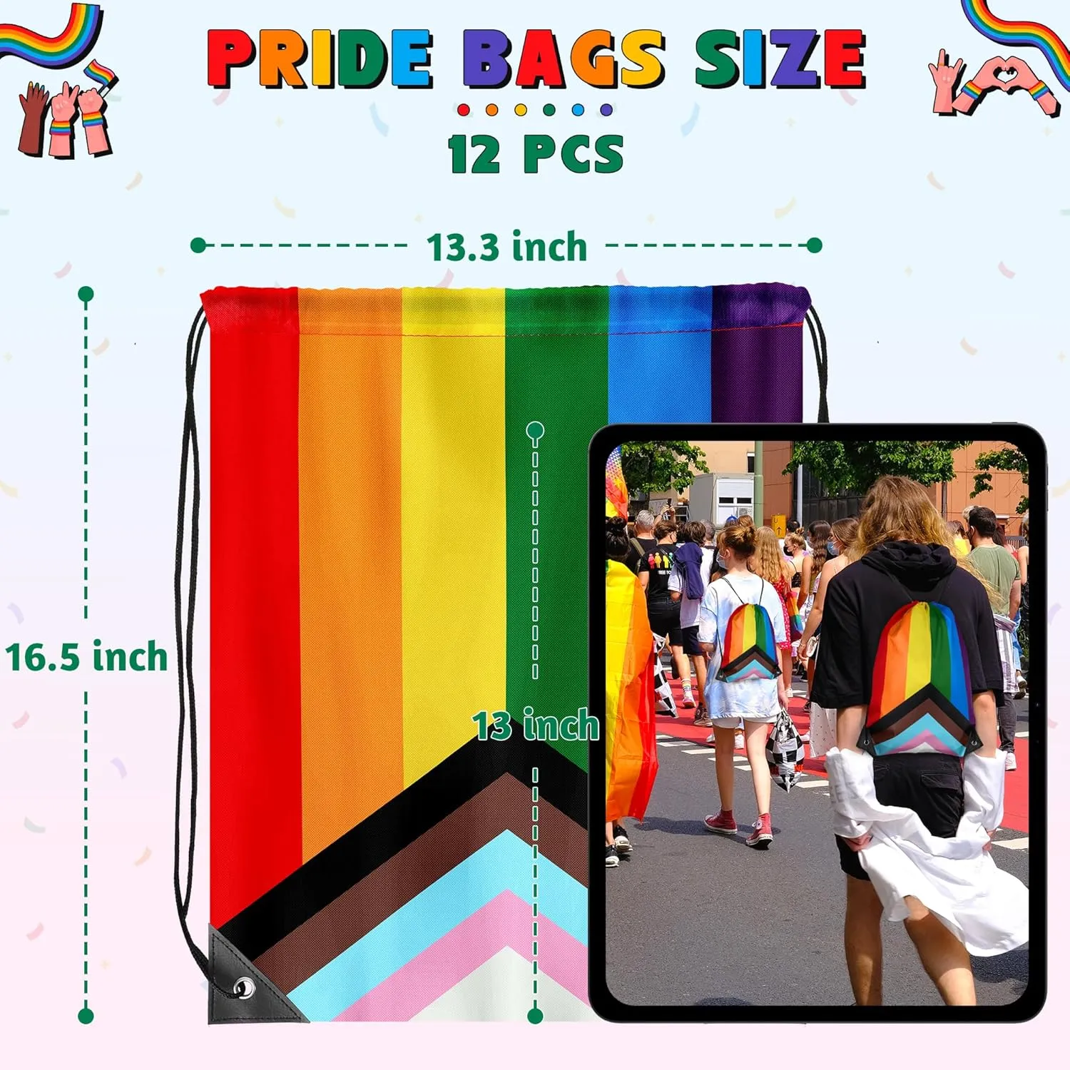 12 Pack LGBTQ  Drawstring Bags, Polyester Progress Bags for Pride Month, Eleven-Color Progress Stripes Gay Pride Stuff, Adjustable PU Buckle Progress Accessories for Lesbian Gift Gay Stuff