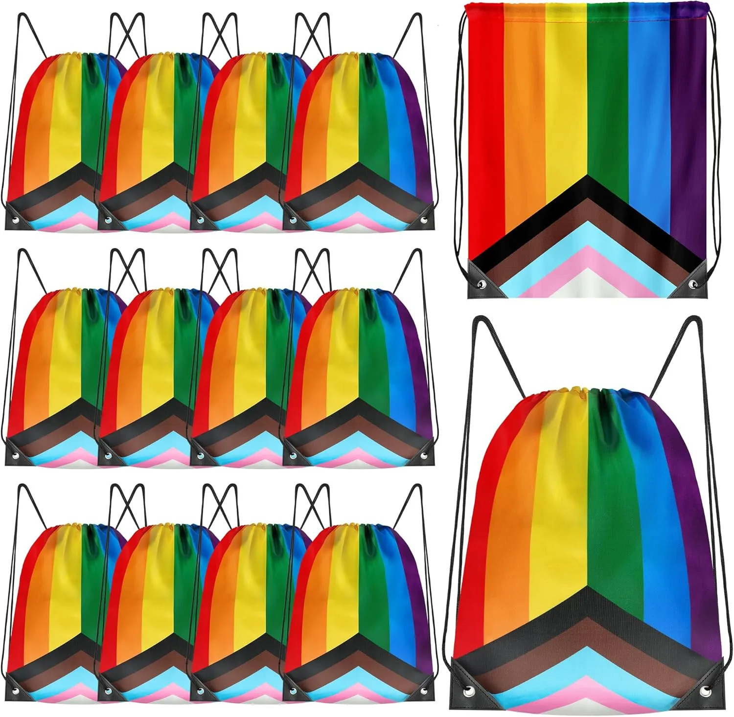 12 Pack LGBTQ  Drawstring Bags, Polyester Progress Bags for Pride Month, Eleven-Color Progress Stripes Gay Pride Stuff, Adjustable PU Buckle Progress Accessories for Lesbian Gift Gay Stuff