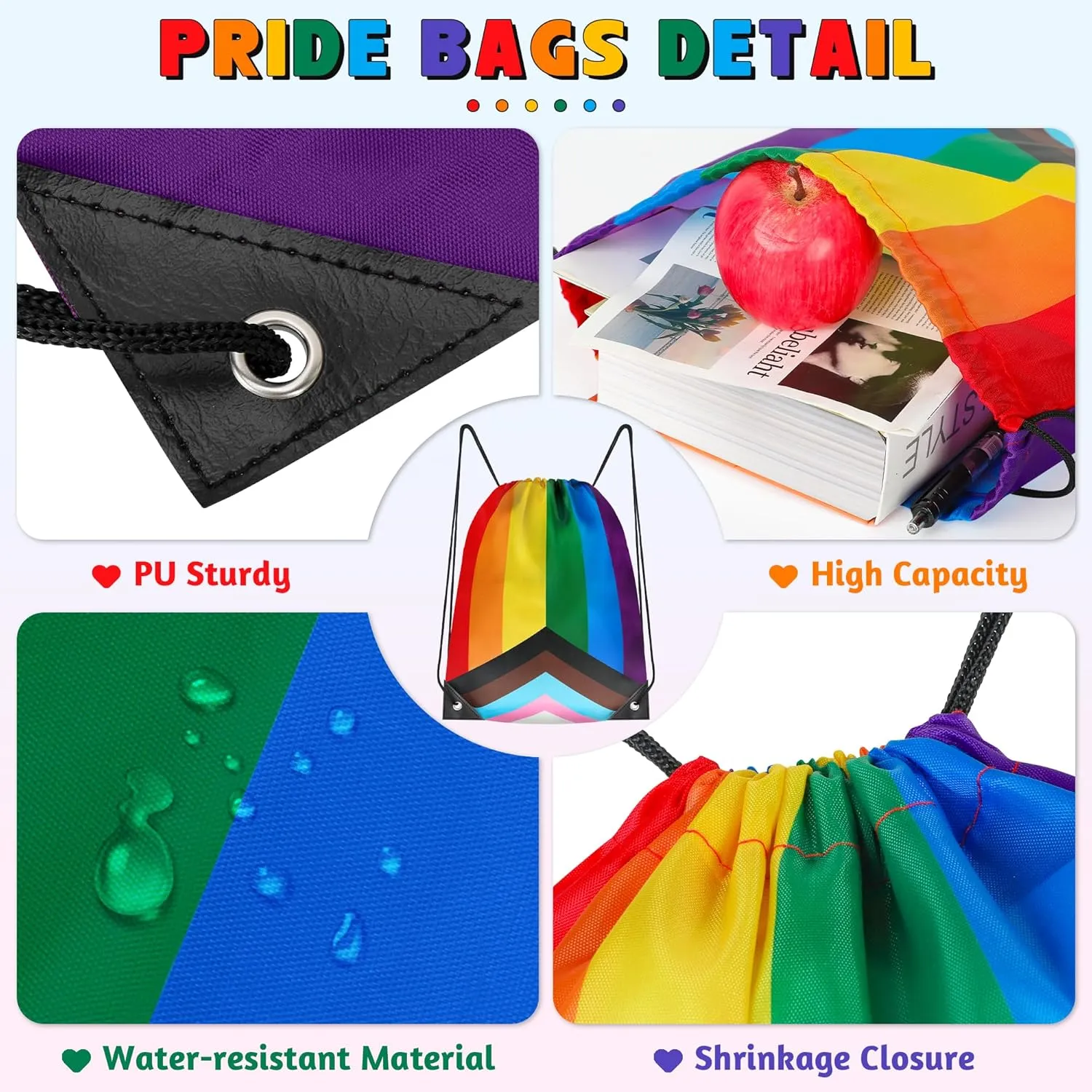 12 Pack LGBTQ  Drawstring Bags, Polyester Progress Bags for Pride Month, Eleven-Color Progress Stripes Gay Pride Stuff, Adjustable PU Buckle Progress Accessories for Lesbian Gift Gay Stuff