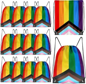 12 Pack LGBTQ  Drawstring Bags, Polyester Progress Bags for Pride Month, Eleven-Color Progress Stripes Gay Pride Stuff, Adjustable PU Buckle Progress Accessories for Lesbian Gift Gay Stuff