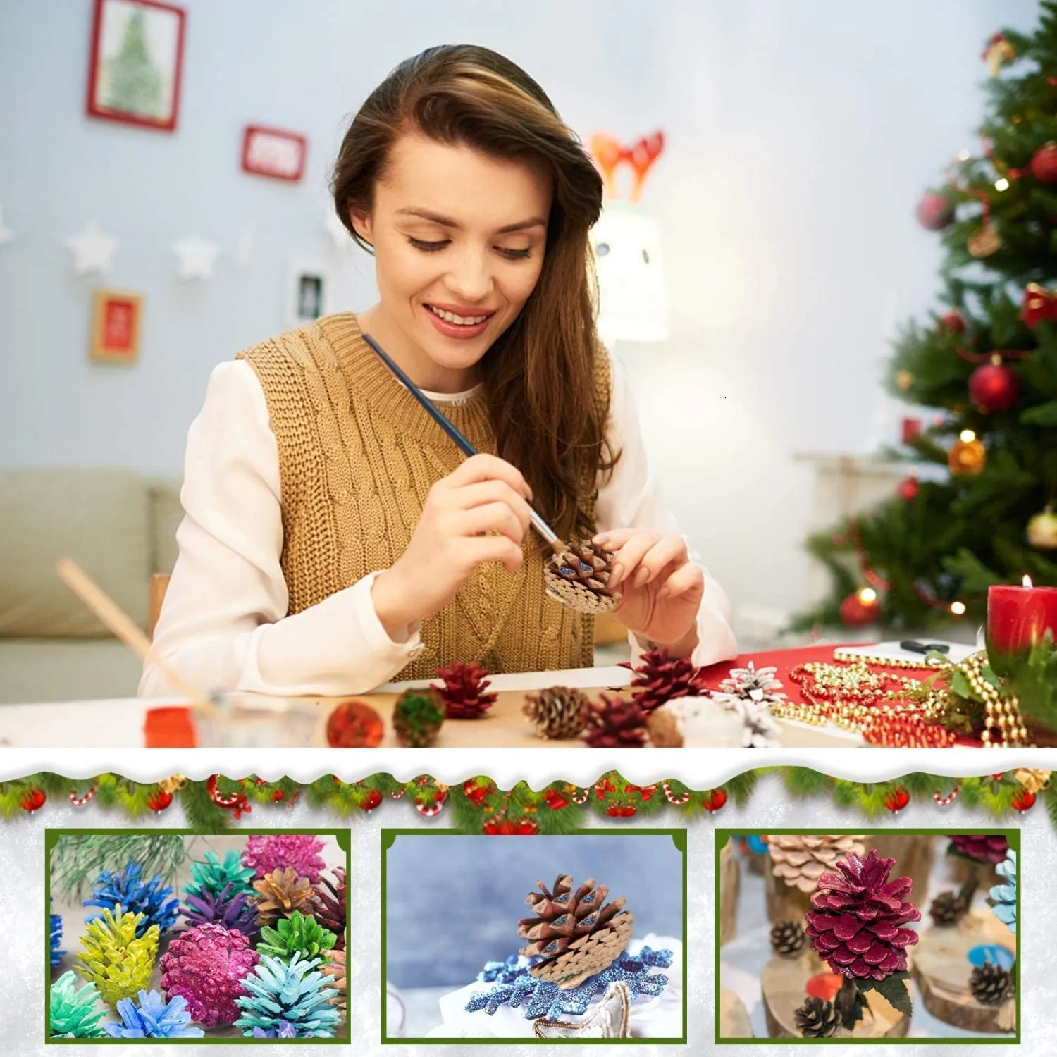 12 Pcs Christmas Decoration Wooden Pine Cones Hanging Ornaments Bauble Xmas New Year Festival Party Decoration