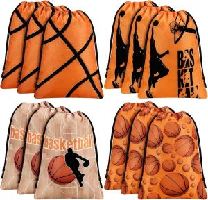 12 Pcs Soccer Party Favor Drawstring Bags - Sports Candy Treat Reusable Cloth Bags for Birthday, Football, Basketball, Baby Shower Decor Supplies (Basketball)