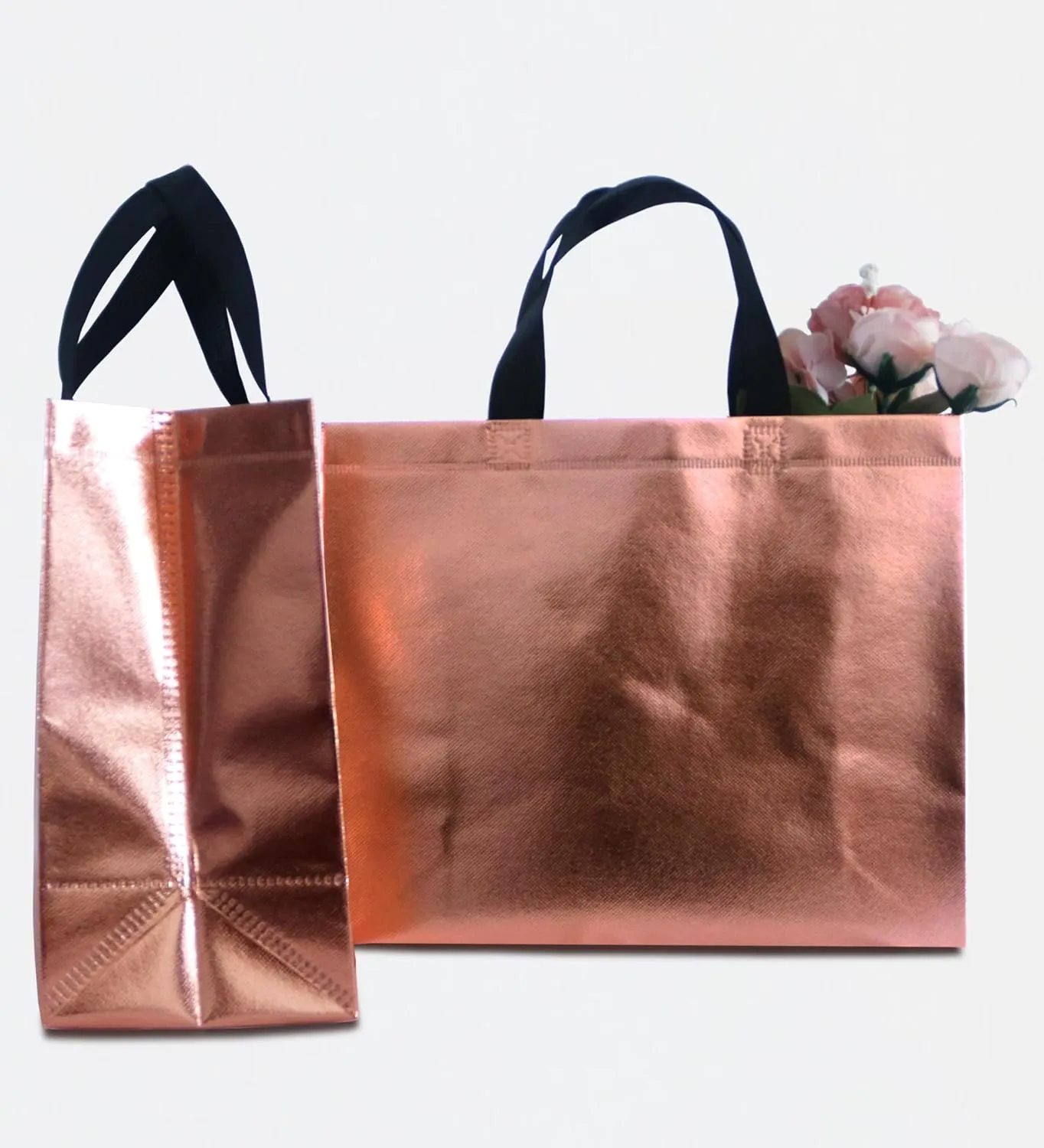 12 Rose Gold Gift Bags with Tissues - Large Sturdy Reusable Metallic Non-Woven 13x5x11 for Bridesmaids, Weddings, Birthdays & Baby Showers