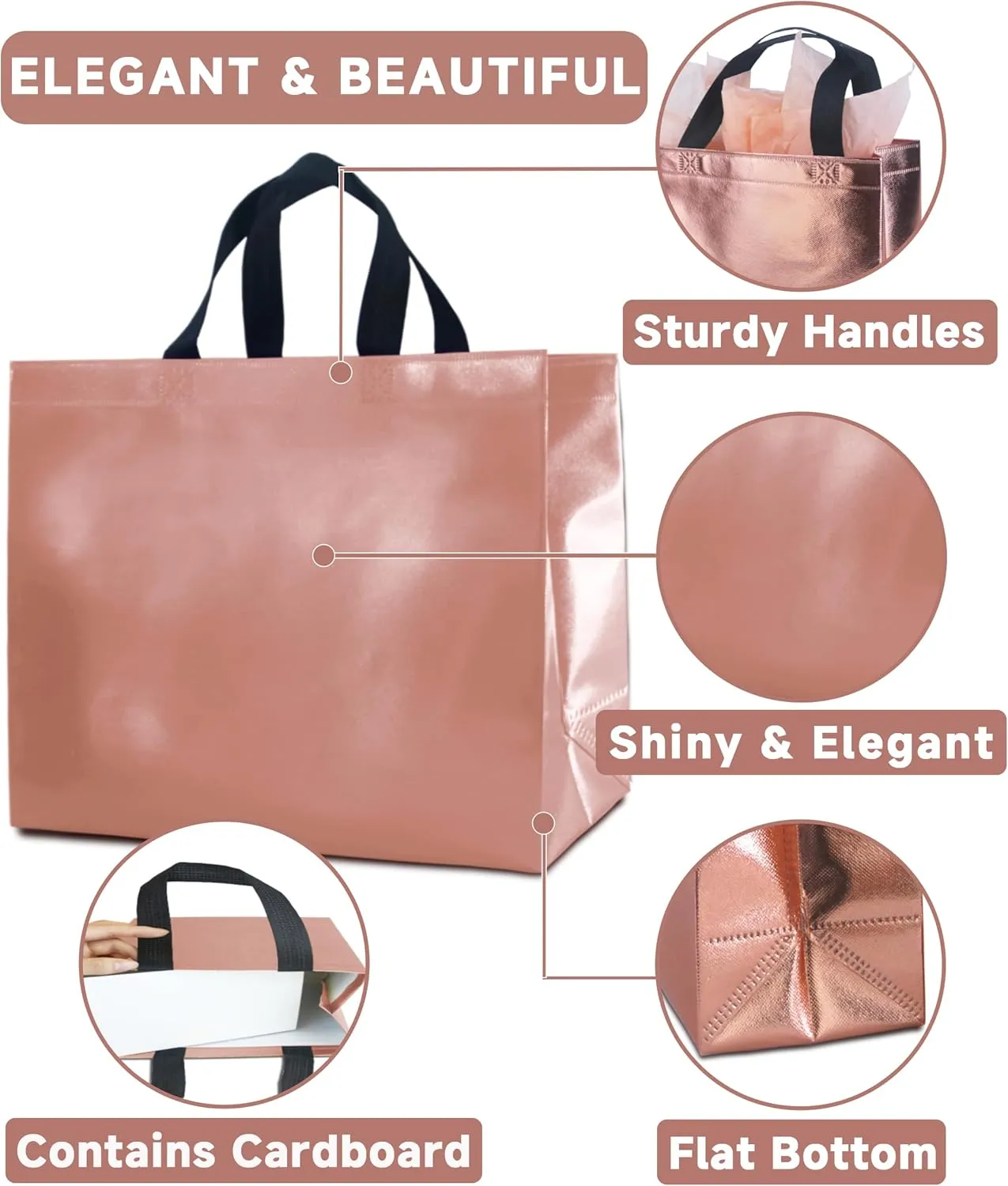 12 Rose Gold Gift Bags with Tissues - Large Sturdy Reusable Metallic Non-Woven 13x5x11 for Bridesmaids, Weddings, Birthdays & Baby Showers