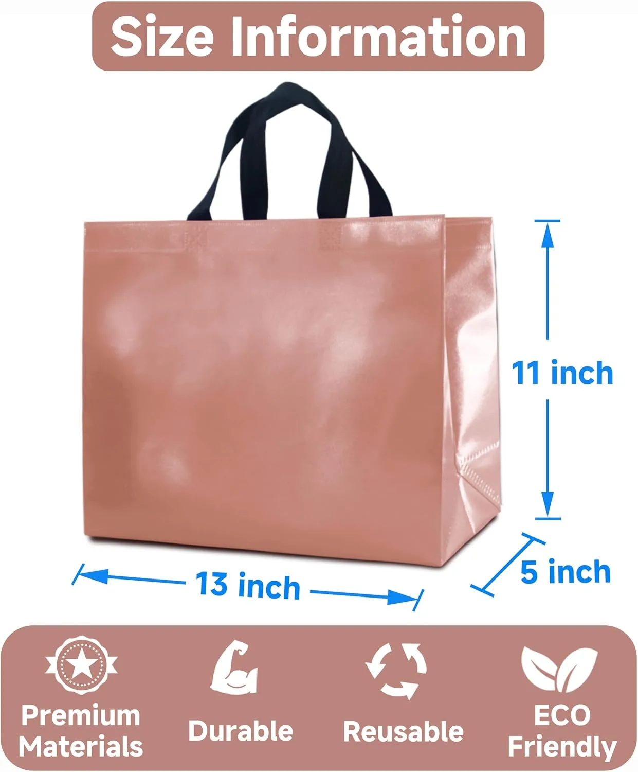 12 Rose Gold Gift Bags with Tissues - Large Sturdy Reusable Metallic Non-Woven 13x5x11 for Bridesmaids, Weddings, Birthdays & Baby Showers