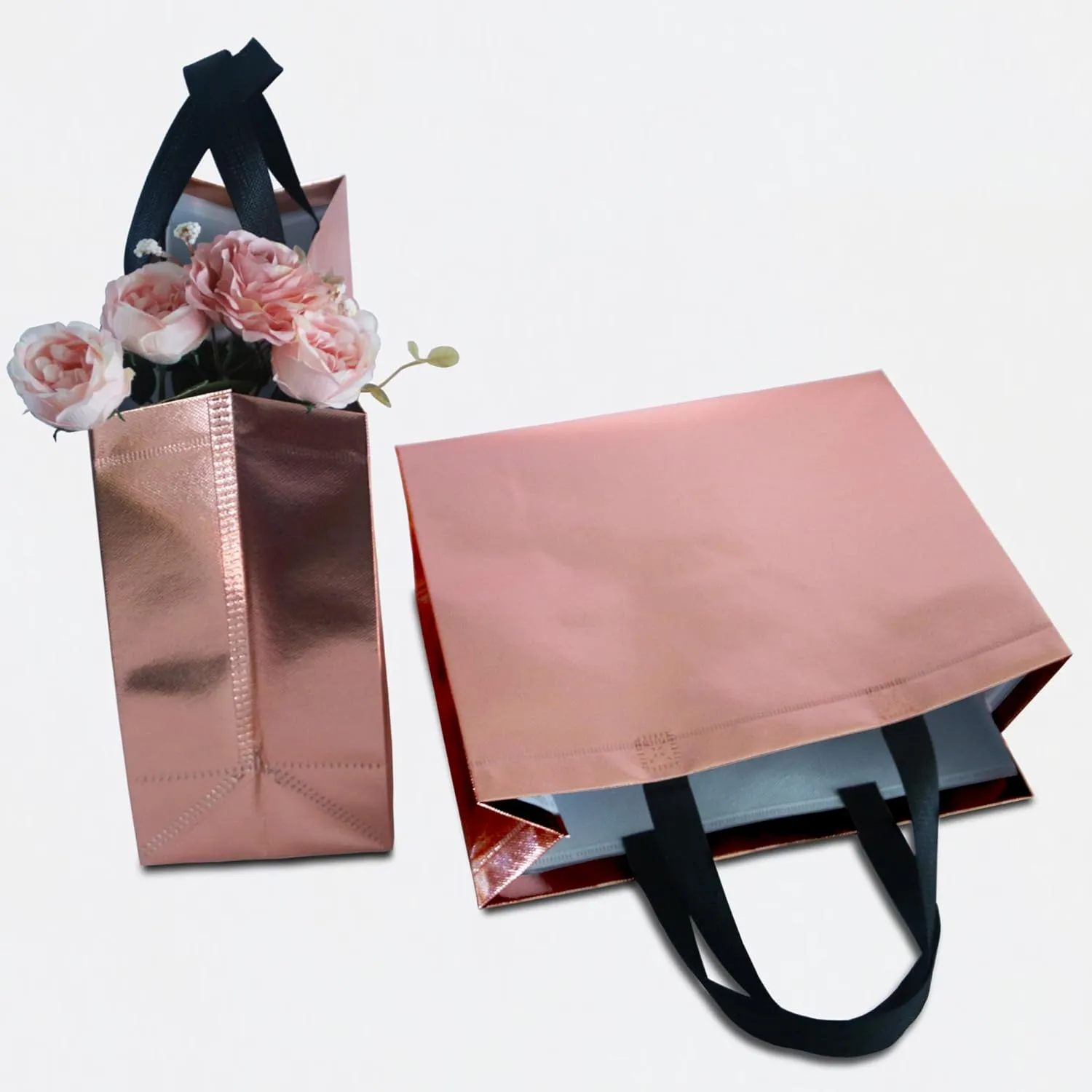 12 Rose Gold Gift Bags with Tissues - Large Sturdy Reusable Metallic Non-Woven 13x5x11 for Bridesmaids, Weddings, Birthdays & Baby Showers