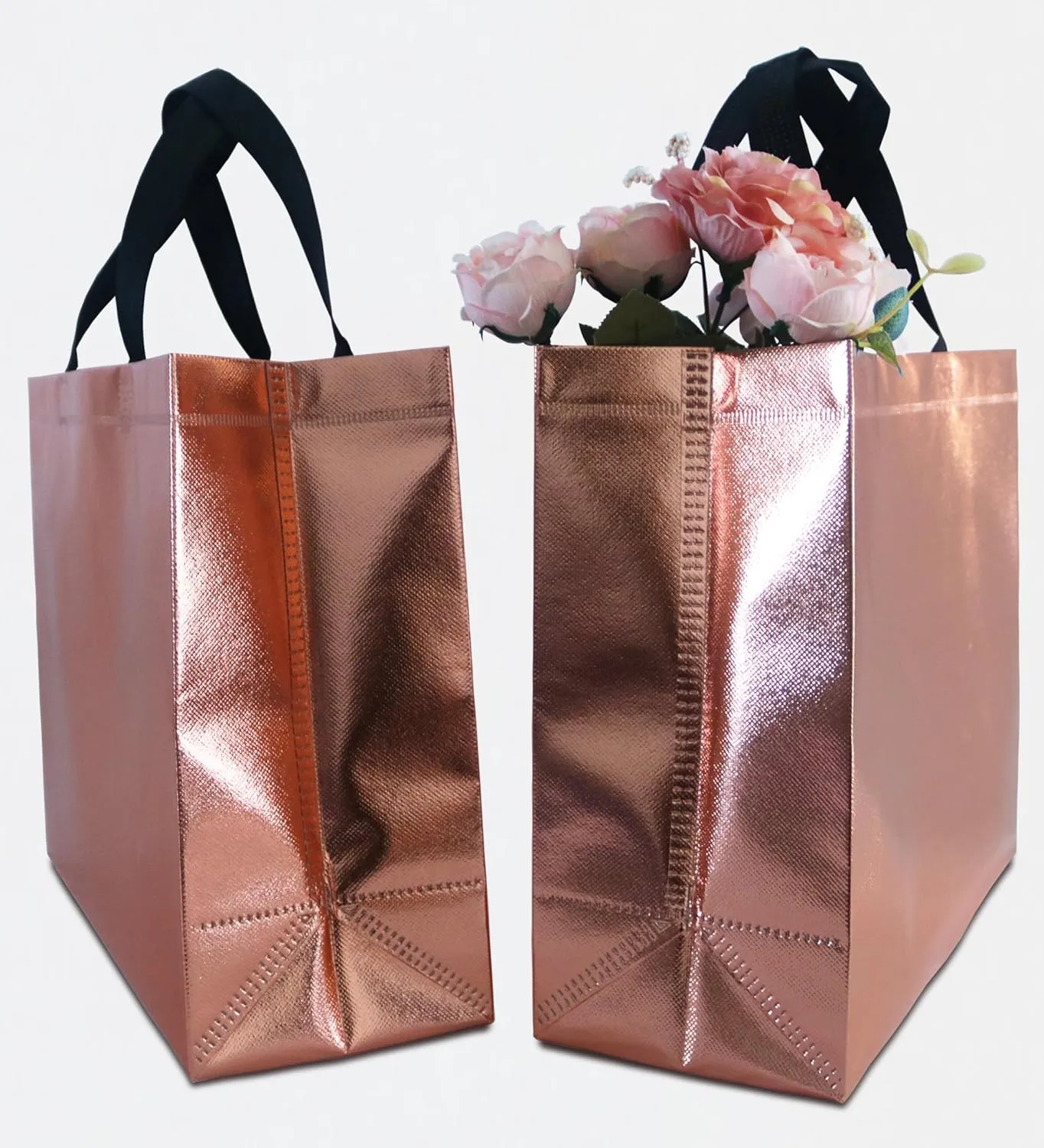 12 Rose Gold Gift Bags with Tissues - Large Sturdy Reusable Metallic Non-Woven 13x5x11 for Bridesmaids, Weddings, Birthdays & Baby Showers