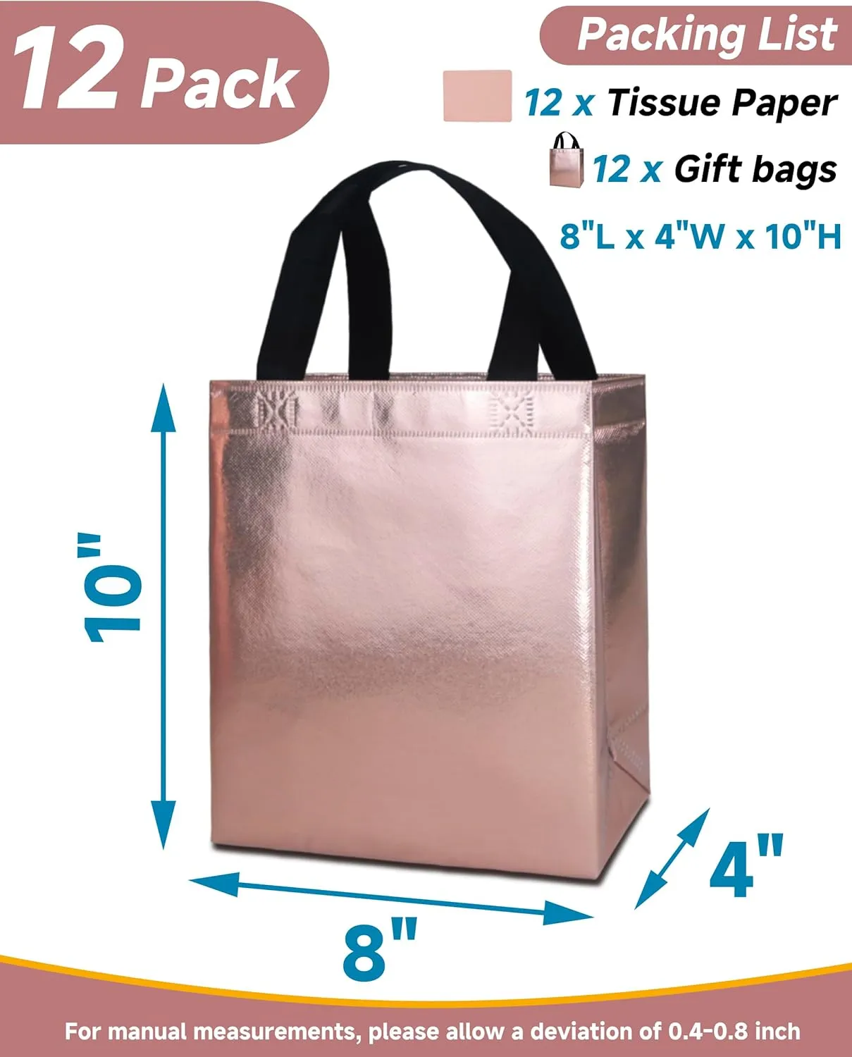 12 Rose Gold Gift Bags with Tissues - Medium Sturdy Reusable Metallic Non-Woven 8x4x10 for Bridesmaids, Weddings, Birthdays & Baby Showers