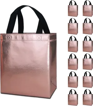 12 Rose Gold Gift Bags with Tissues - Medium Sturdy Reusable Metallic Non-Woven 8x4x10 for Bridesmaids, Weddings, Birthdays & Baby Showers