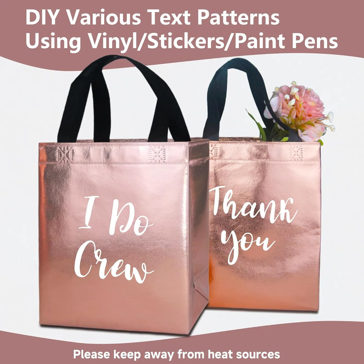 12 Rose Gold Gift Bags with Tissues - Medium Sturdy Reusable Metallic Non-Woven 8x4x10 for Bridesmaids, Weddings, Birthdays & Baby Showers