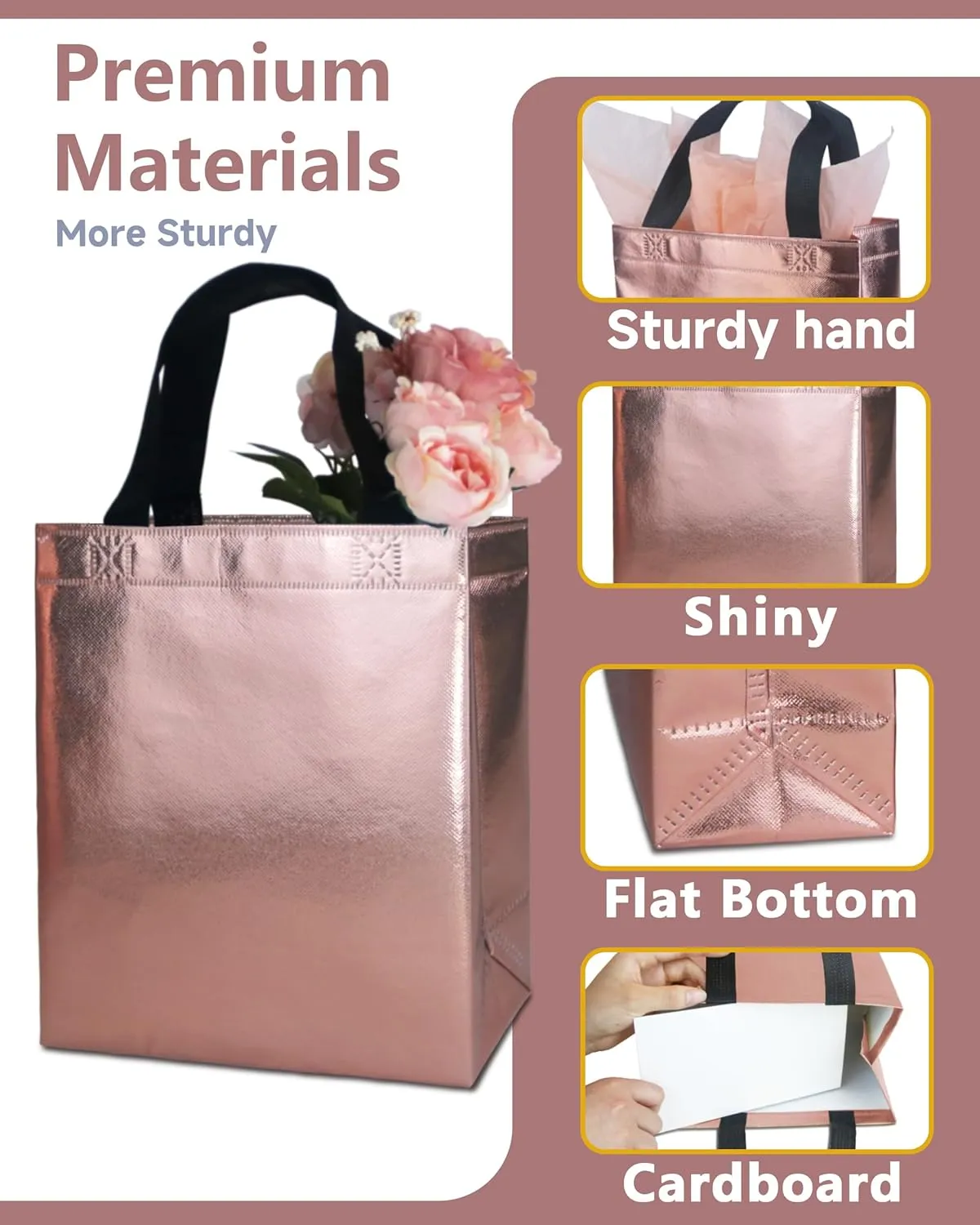12 Rose Gold Gift Bags with Tissues - Medium Sturdy Reusable Metallic Non-Woven 8x4x10 for Bridesmaids, Weddings, Birthdays & Baby Showers
