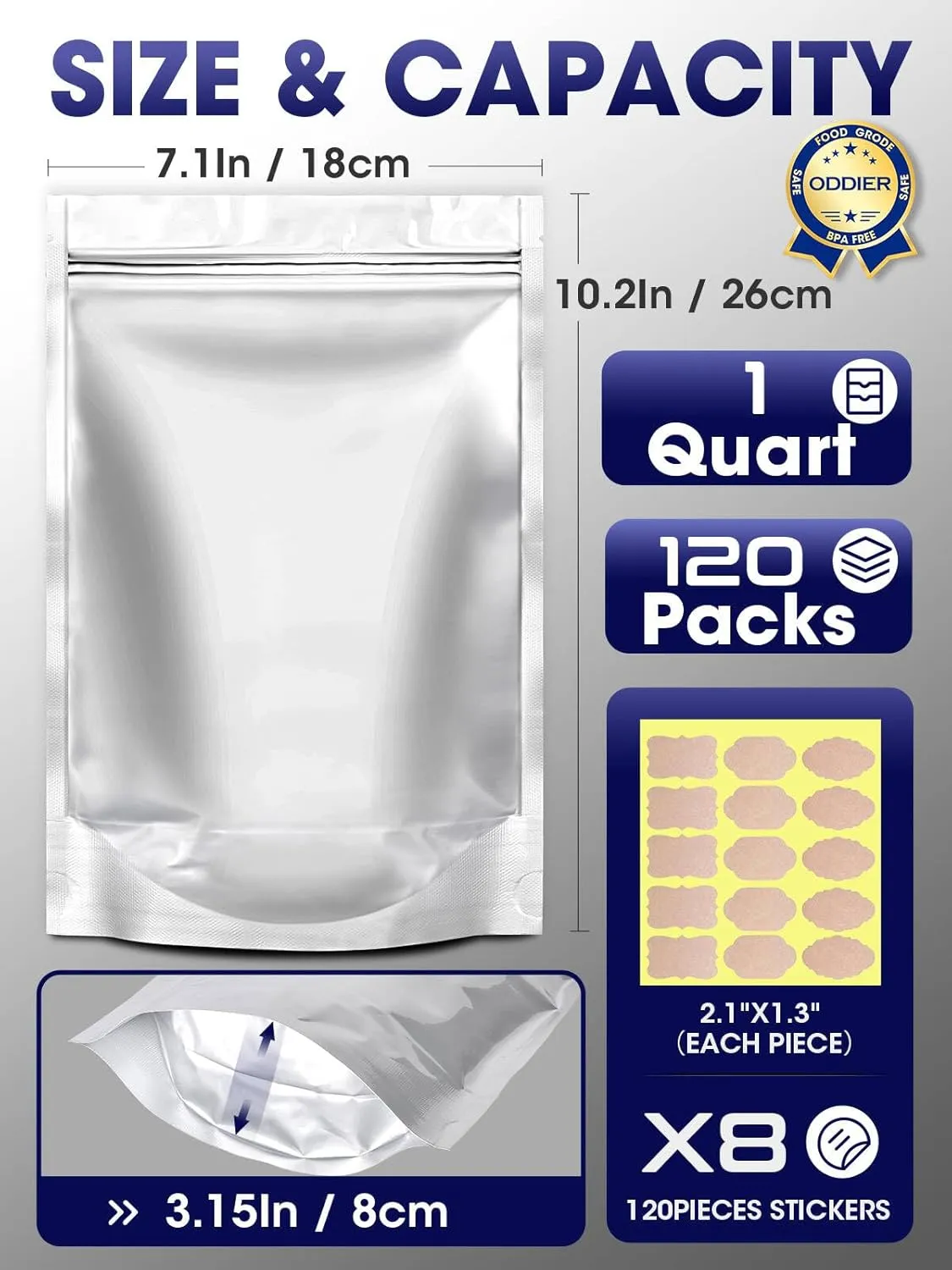 120pcs 7"x10" 1 Quart Mylar Bags for Food Storage, Smell Proof Bags Heat Seal Food Storage Bags，Zipper Bag for Buckets Stand-up Foil Pouch Resealable for Long Term Food Container Sets