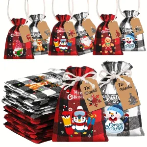 12/18pcs Christmas Burlap Gift Bags, Drawstring Jute Linen Treat Candy Goodies Bags With Tags For Xmas Favors Supplies