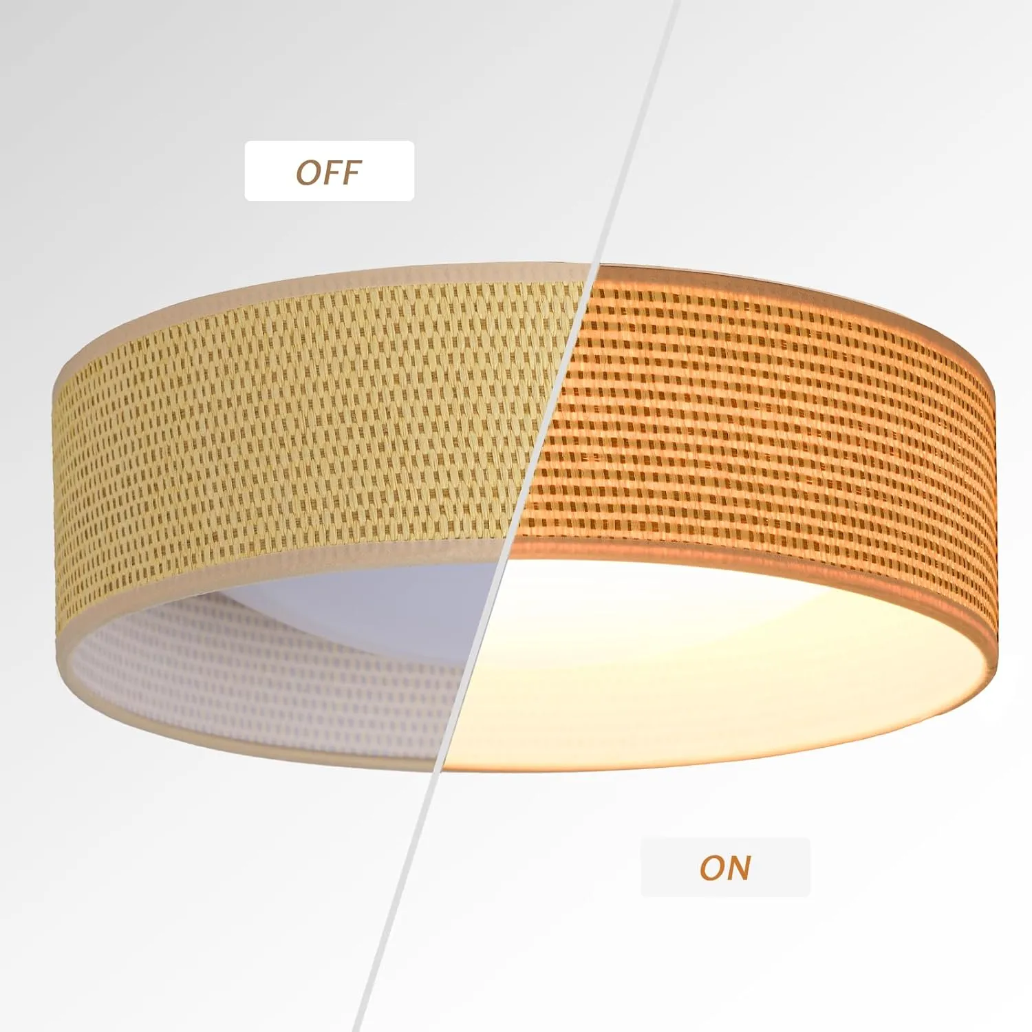 13" Woven Rattan-Style Boho Flush Mount Ceiling Light, LED 24W 3000K Closed to Ceiling Light Fixture with Classic Linen Drum Design for Bedrooms, Kitchen, Dining Room, Hallway