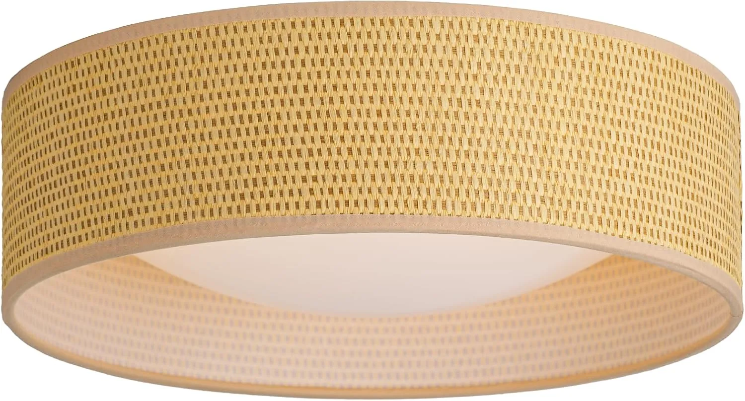 13" Woven Rattan-Style Boho Flush Mount Ceiling Light, LED 24W 3000K Closed to Ceiling Light Fixture with Classic Linen Drum Design for Bedrooms, Kitchen, Dining Room, Hallway
