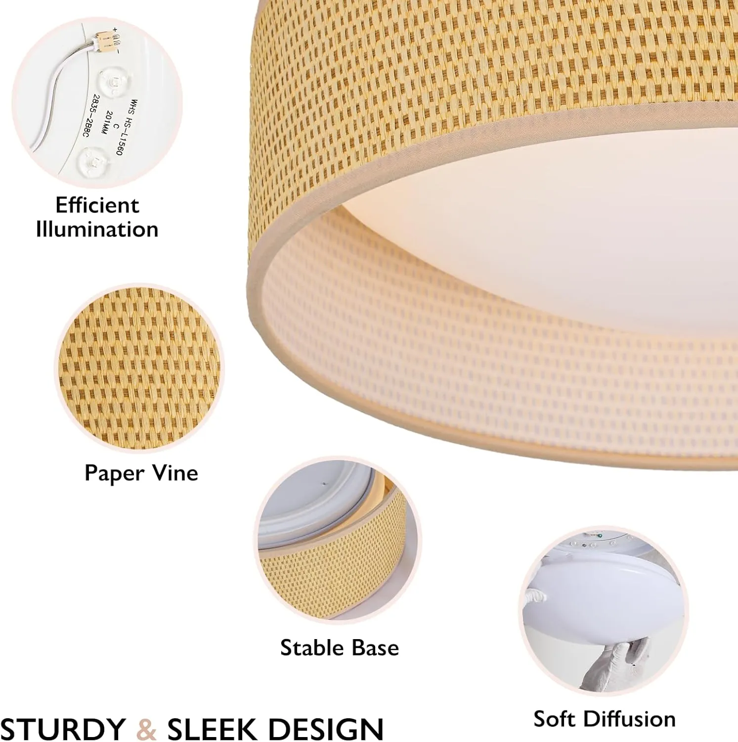 13" Woven Rattan-Style Boho Flush Mount Ceiling Light, LED 24W 3000K Closed to Ceiling Light Fixture with Classic Linen Drum Design for Bedrooms, Kitchen, Dining Room, Hallway
