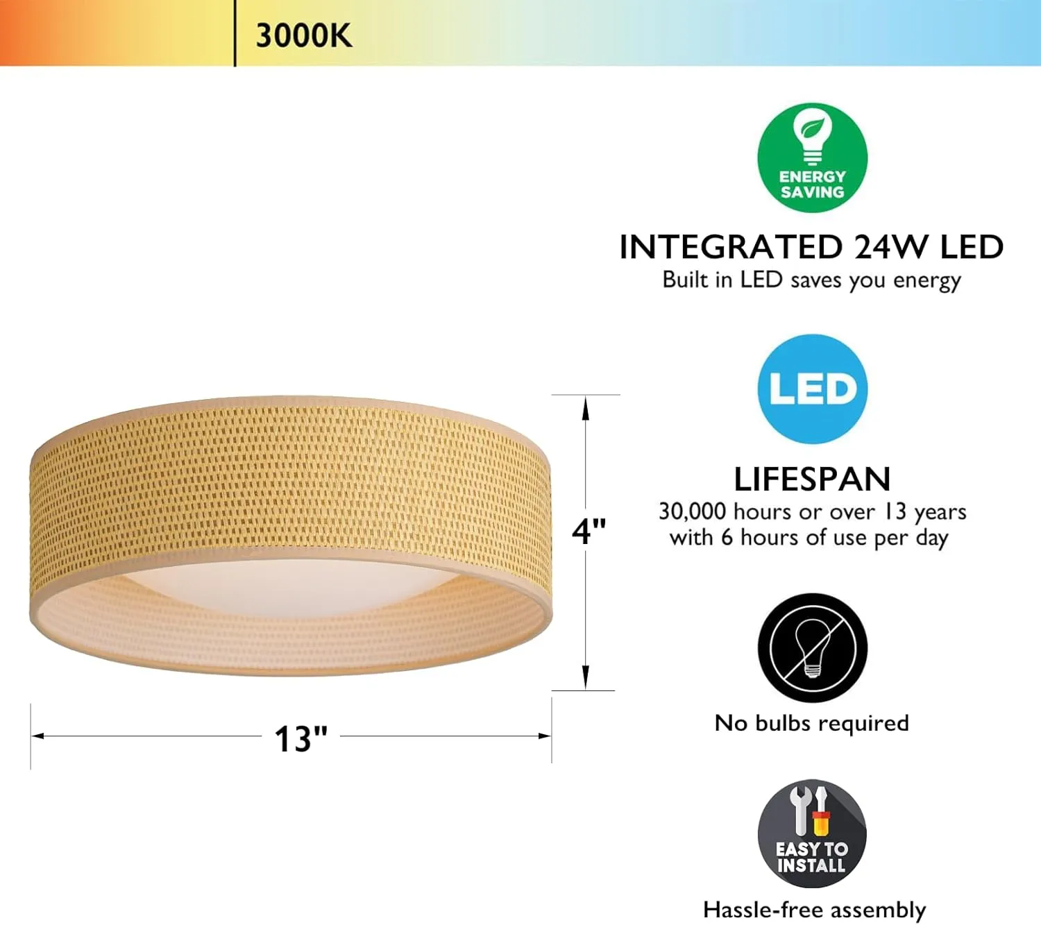 13" Woven Rattan-Style Boho Flush Mount Ceiling Light, LED 24W 3000K Closed to Ceiling Light Fixture with Classic Linen Drum Design for Bedrooms, Kitchen, Dining Room, Hallway