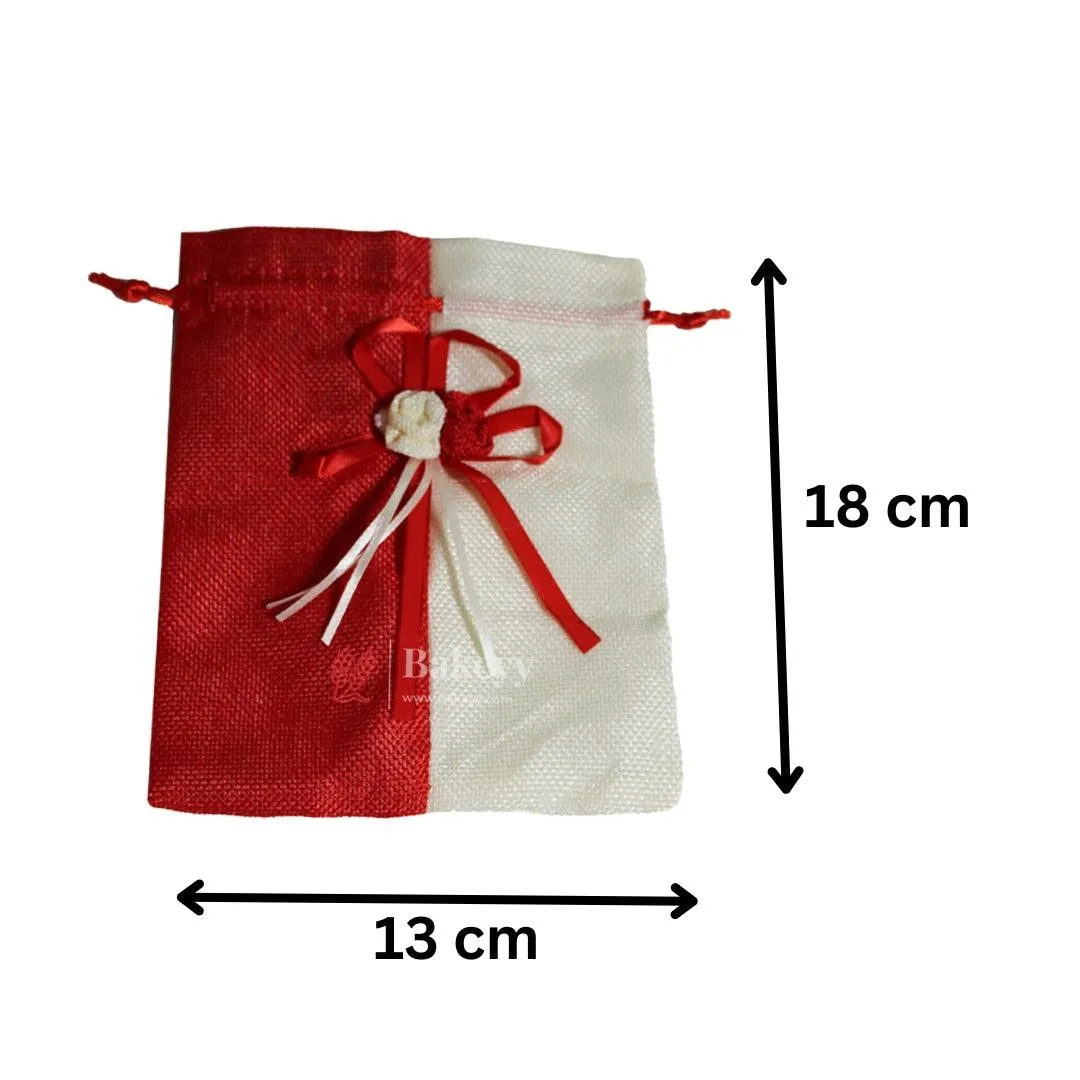 13x18cm| Red & Cream Jute Potli Bag with Floral Accent | Traditional Potli Bag | Wedding Favor Bag | Jewelry Pouch | Floral Accent Gift Bag | Pack of 10