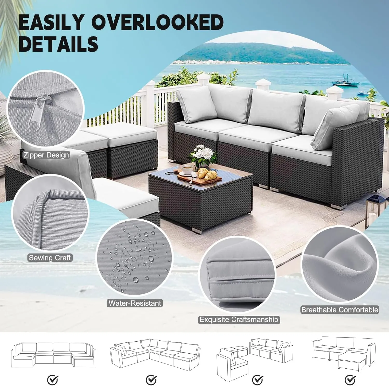 14 PCS Outdoor Cushion Covers Patio Cushion Slipcovers Replacement Waterproof with Zipper for 6-Seater Outdoor Furniture Cushion Covers(Light Gray,24.8 * 24.8 * 3.15 inches)