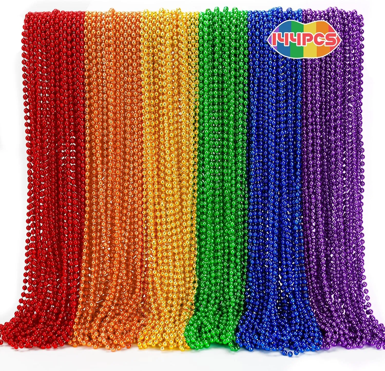 144PCS Pride Accessories, Metallic LGBTQ Beads Necklace Bulk, 6 Kinds of Rainbow Beads Necklaces Stuff, Gay Lesbian Pride Necklace for Costumes Decorations Parade Throws Party Favors