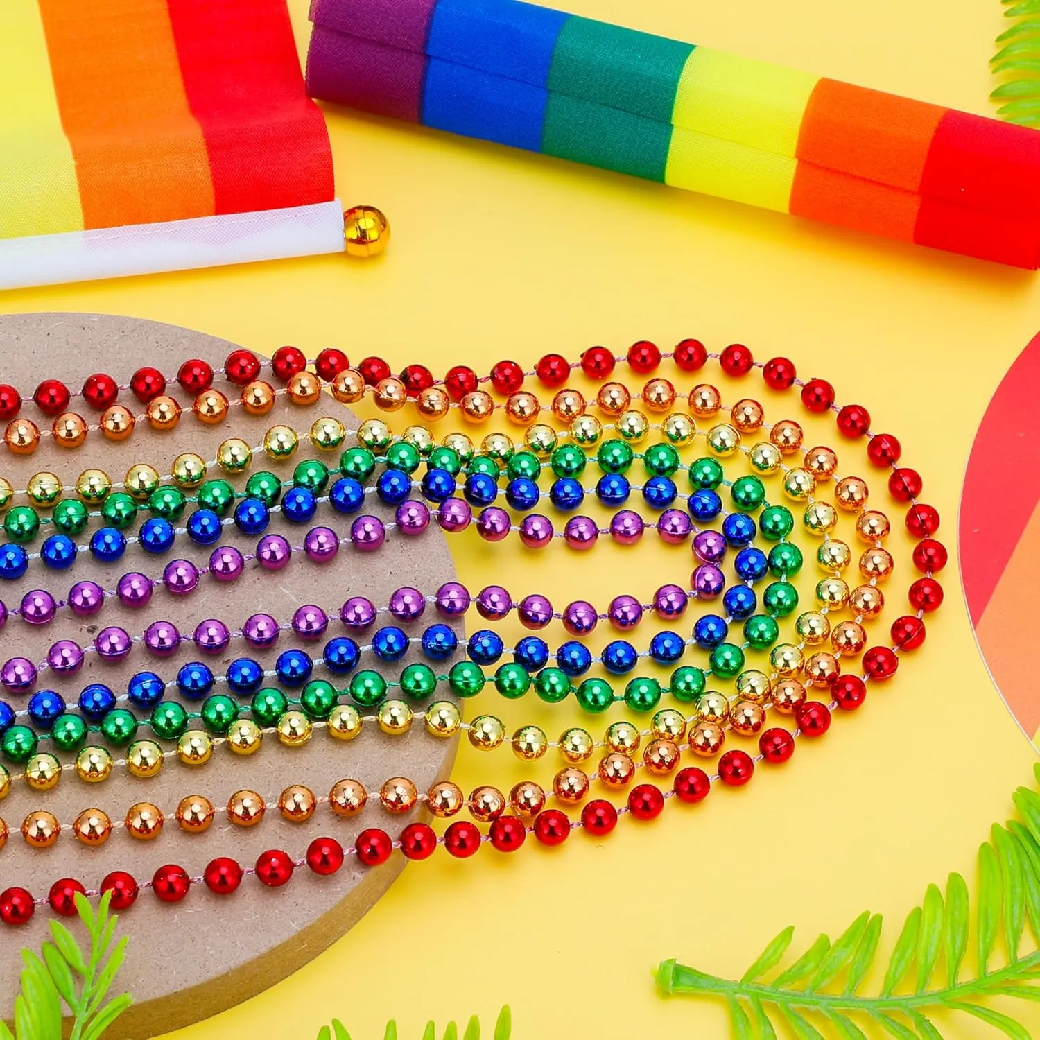 144PCS Pride Accessories, Metallic LGBTQ Beads Necklace Bulk, 6 Kinds of Rainbow Beads Necklaces Stuff, Gay Lesbian Pride Necklace for Costumes Decorations Parade Throws Party Favors
