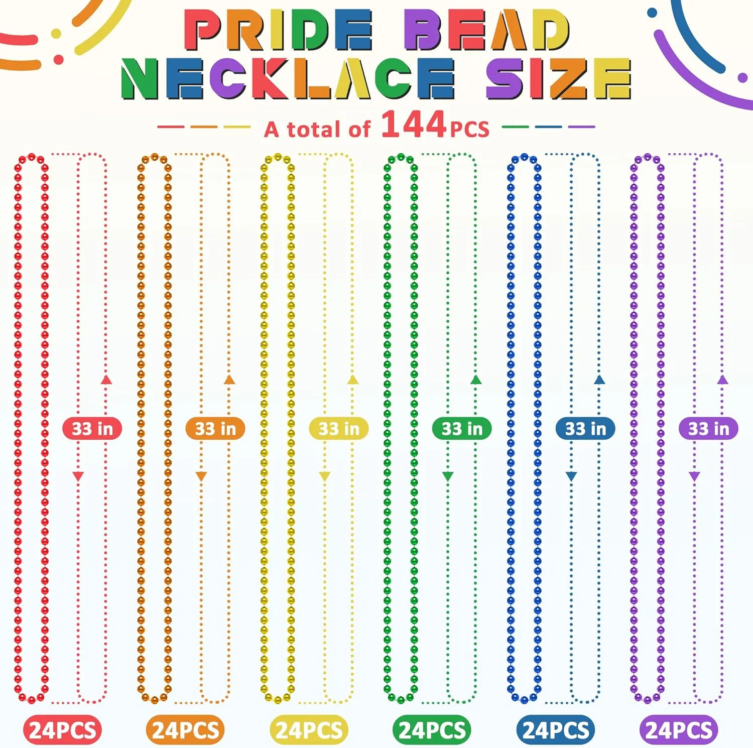 144PCS Pride Accessories, Metallic LGBTQ Beads Necklace Bulk, 6 Kinds of Rainbow Beads Necklaces Stuff, Gay Lesbian Pride Necklace for Costumes Decorations Parade Throws Party Favors