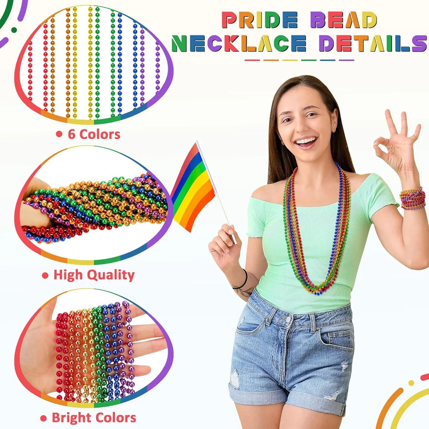 144PCS Pride Accessories, Metallic LGBTQ Beads Necklace Bulk, 6 Kinds of Rainbow Beads Necklaces Stuff, Gay Lesbian Pride Necklace for Costumes Decorations Parade Throws Party Favors