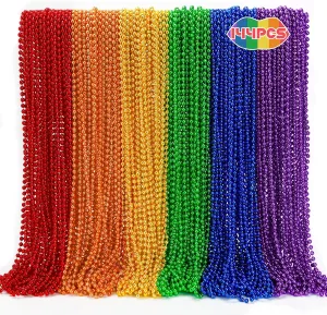 144PCS Pride Accessories, Metallic LGBTQ Beads Necklace Bulk, 6 Kinds of Rainbow Beads Necklaces Stuff, Gay Lesbian Pride Necklace for Costumes Decorations Parade Throws Party Favors