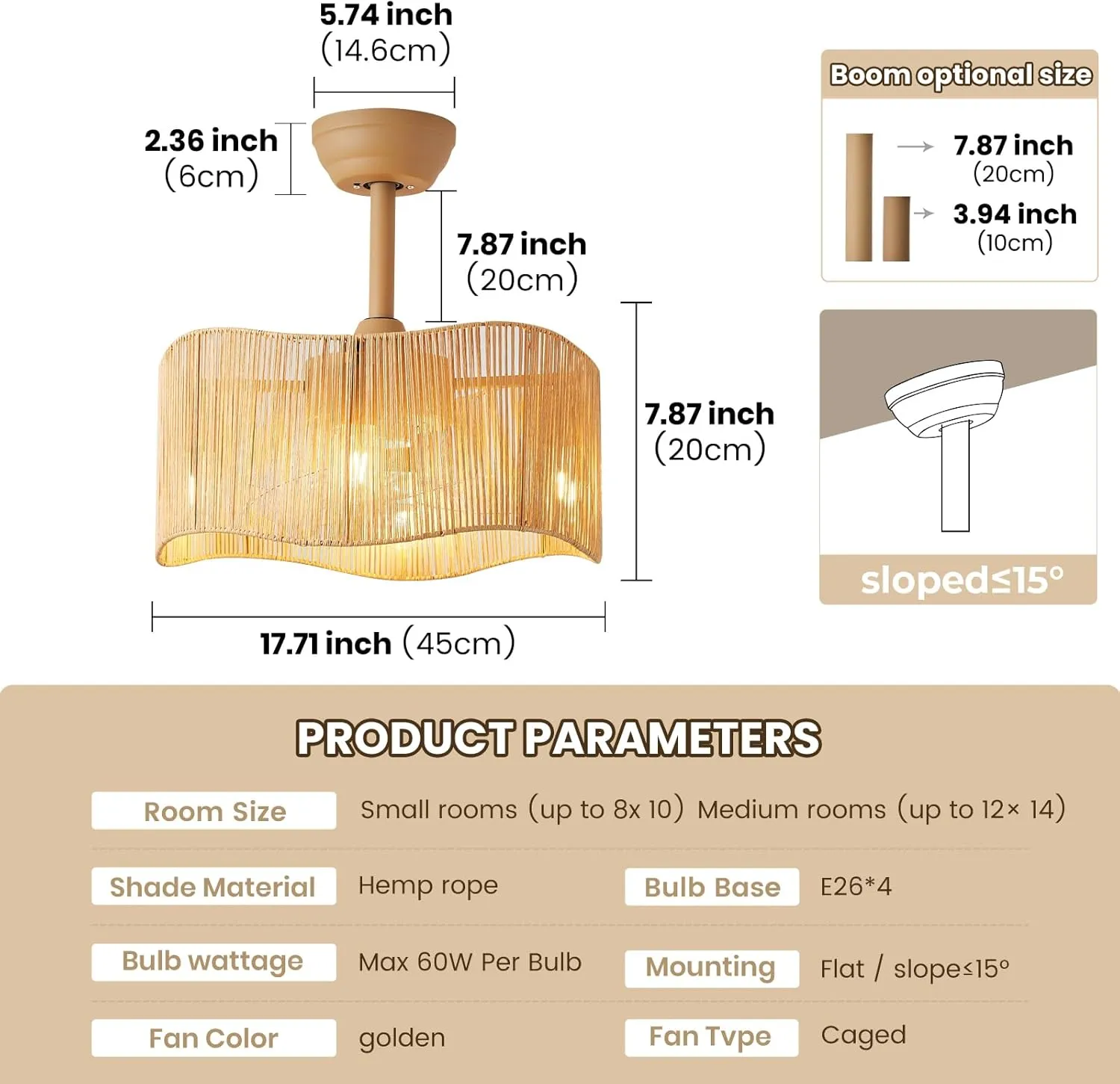 18 Inch Boho Rattan Ceiling Fans with Lights Remote Control, Caged Fandelier Ceiling Fan with Light, Coastal Enclosed 6 Speeds for Bedroom, Kitchen, Living Room