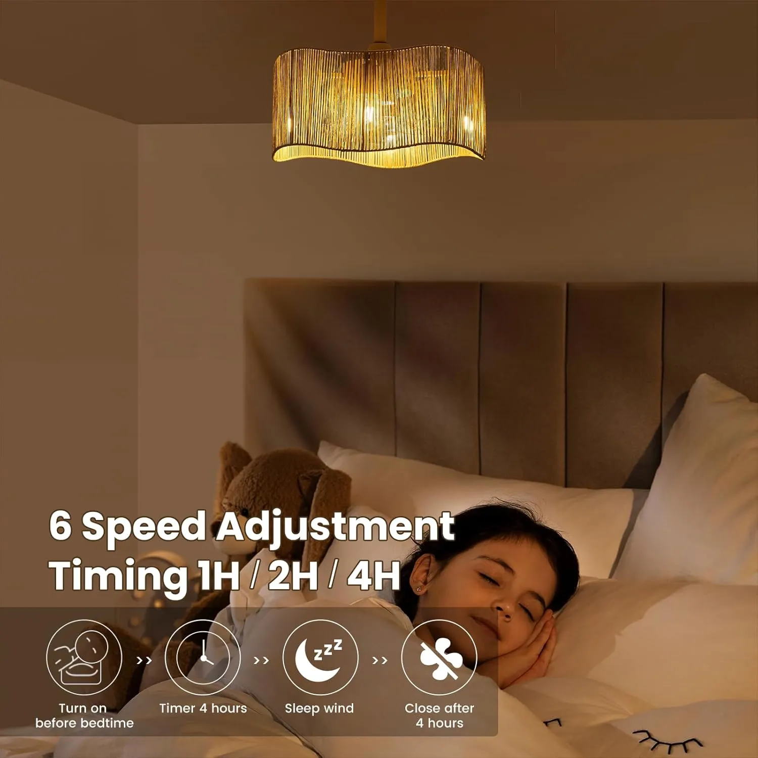 18 Inch Boho Rattan Ceiling Fans with Lights Remote Control, Caged Fandelier Ceiling Fan with Light, Coastal Enclosed 6 Speeds for Bedroom, Kitchen, Living Room