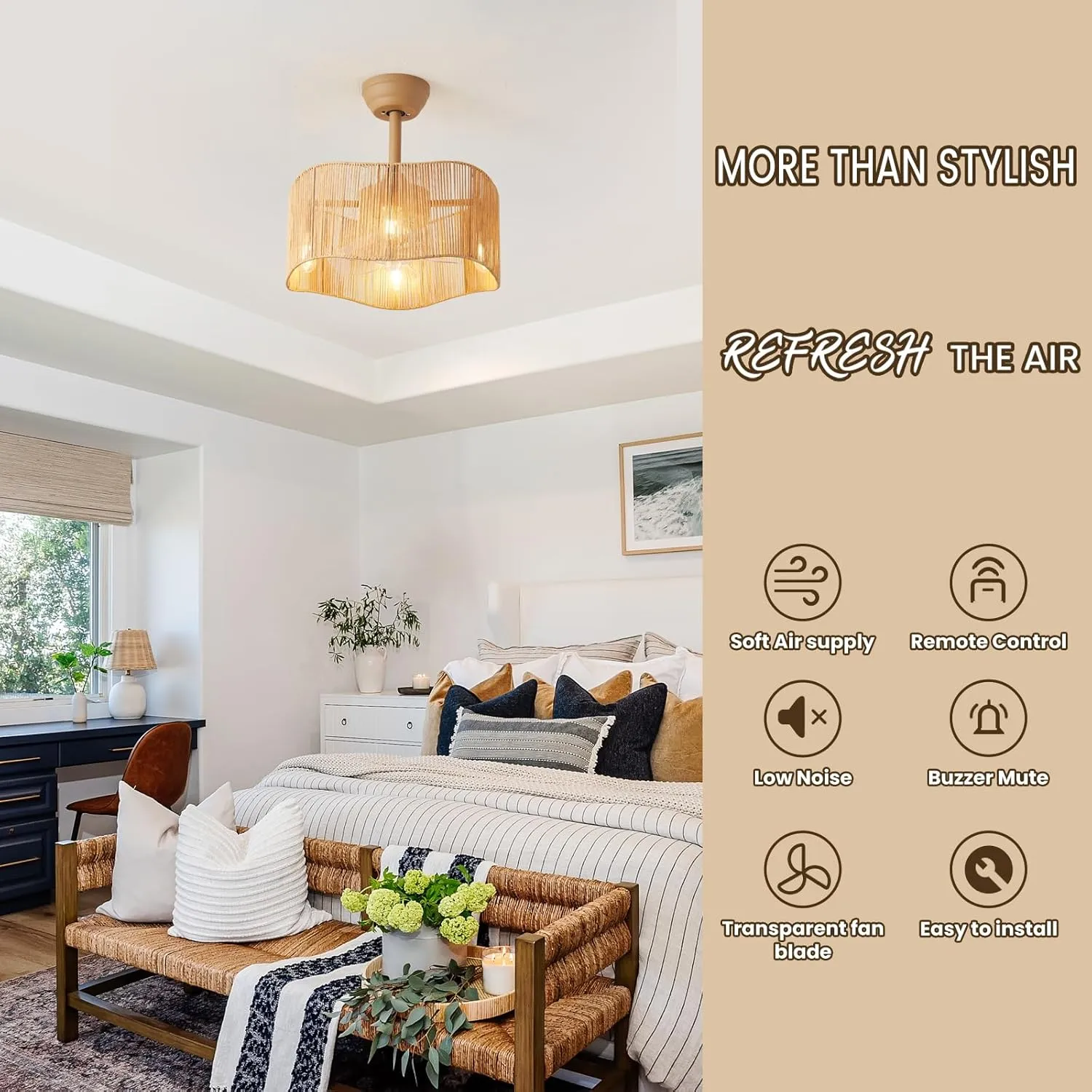 18 Inch Boho Rattan Ceiling Fans with Lights Remote Control, Caged Fandelier Ceiling Fan with Light, Coastal Enclosed 6 Speeds for Bedroom, Kitchen, Living Room