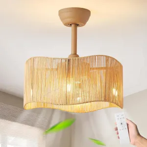 18 Inch Boho Rattan Ceiling Fans with Lights Remote Control, Caged Fandelier Ceiling Fan with Light, Coastal Enclosed 6 Speeds for Bedroom, Kitchen, Living Room