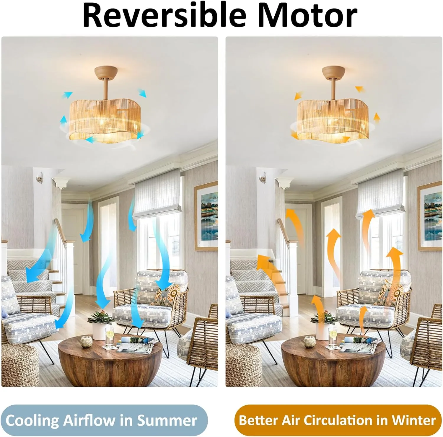18 Inch Boho Rattan Ceiling Fans with Lights Remote Control, Caged Fandelier Ceiling Fan with Light, Coastal Enclosed 6 Speeds for Bedroom, Kitchen, Living Room