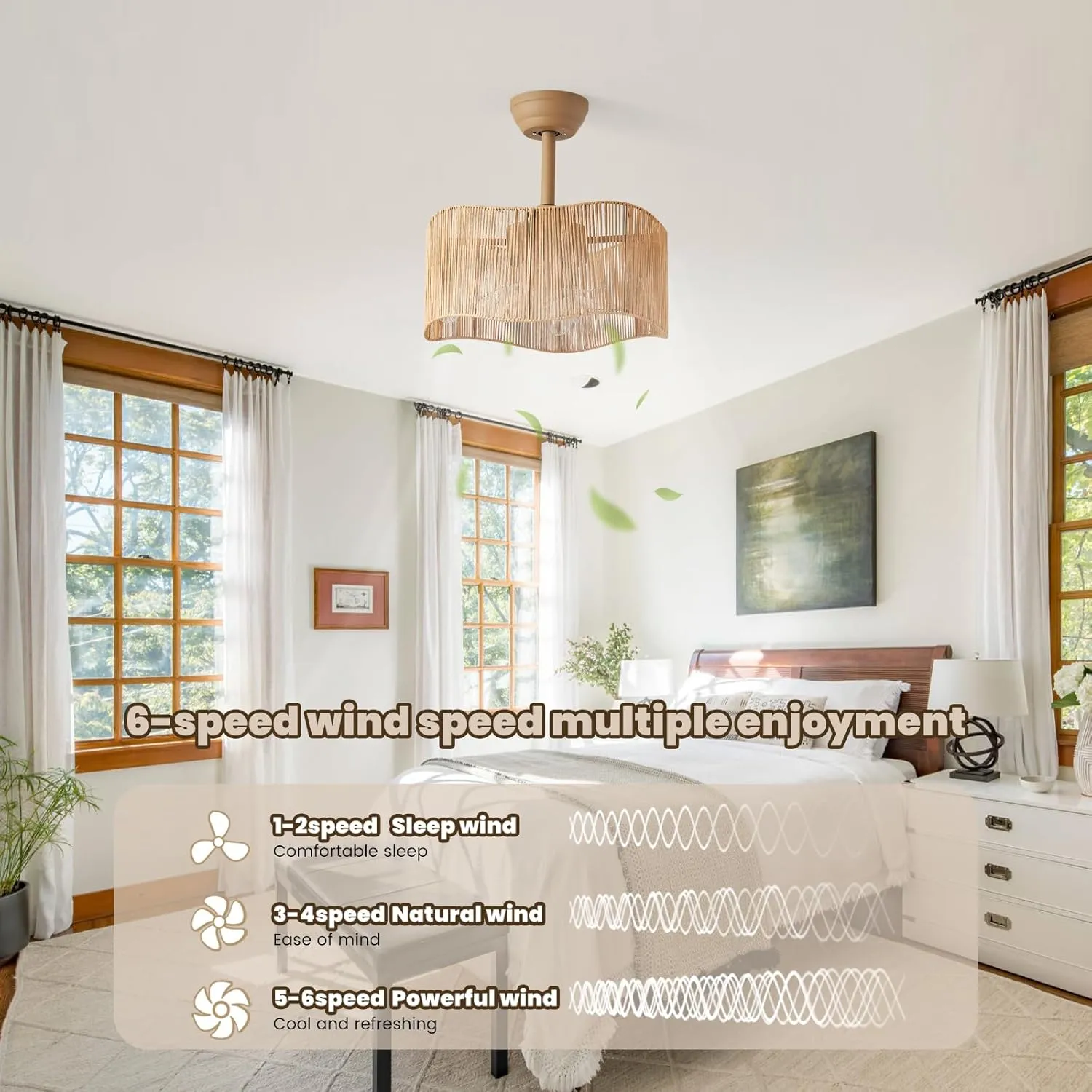 18 Inch Boho Rattan Ceiling Fans with Lights Remote Control, Caged Fandelier Ceiling Fan with Light, Coastal Enclosed 6 Speeds for Bedroom, Kitchen, Living Room