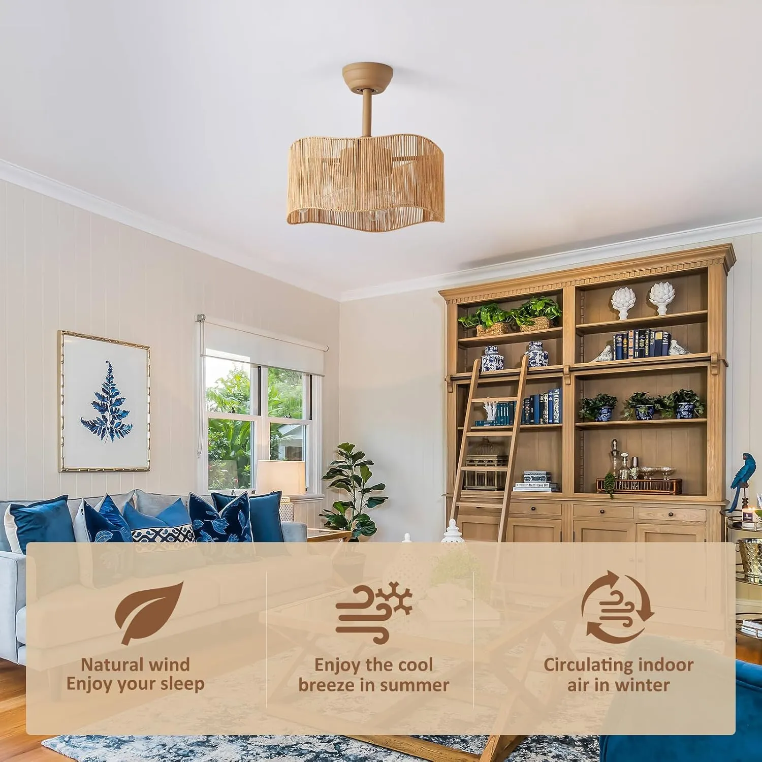 18 Inch Boho Rattan Ceiling Fans with Lights Remote Control, Caged Fandelier Ceiling Fan with Light, Coastal Enclosed 6 Speeds for Bedroom, Kitchen, Living Room