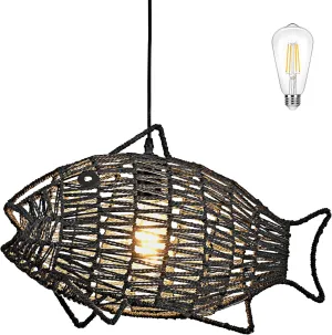 19 Inch Black Rattan Pendant Lights Boho Light Fixture Fish-Shaped Wicker Pendant Light Woven Pendant Light Hemp Rope Light for Dining Room Living Room Bedroom Kitchen Foyer(Bulb Included)