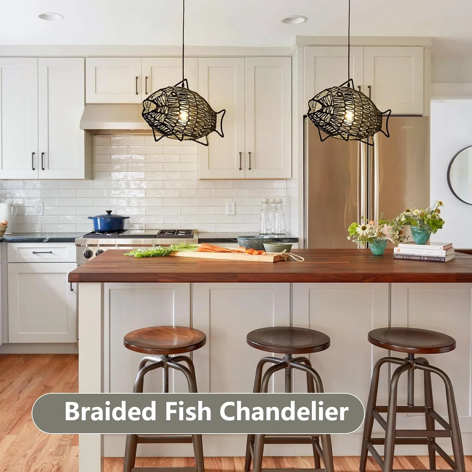 19 Inch Black Rattan Pendant Lights Boho Light Fixture Fish-Shaped Wicker Pendant Light Woven Pendant Light Hemp Rope Light for Dining Room Living Room Bedroom Kitchen Foyer(Bulb Included)