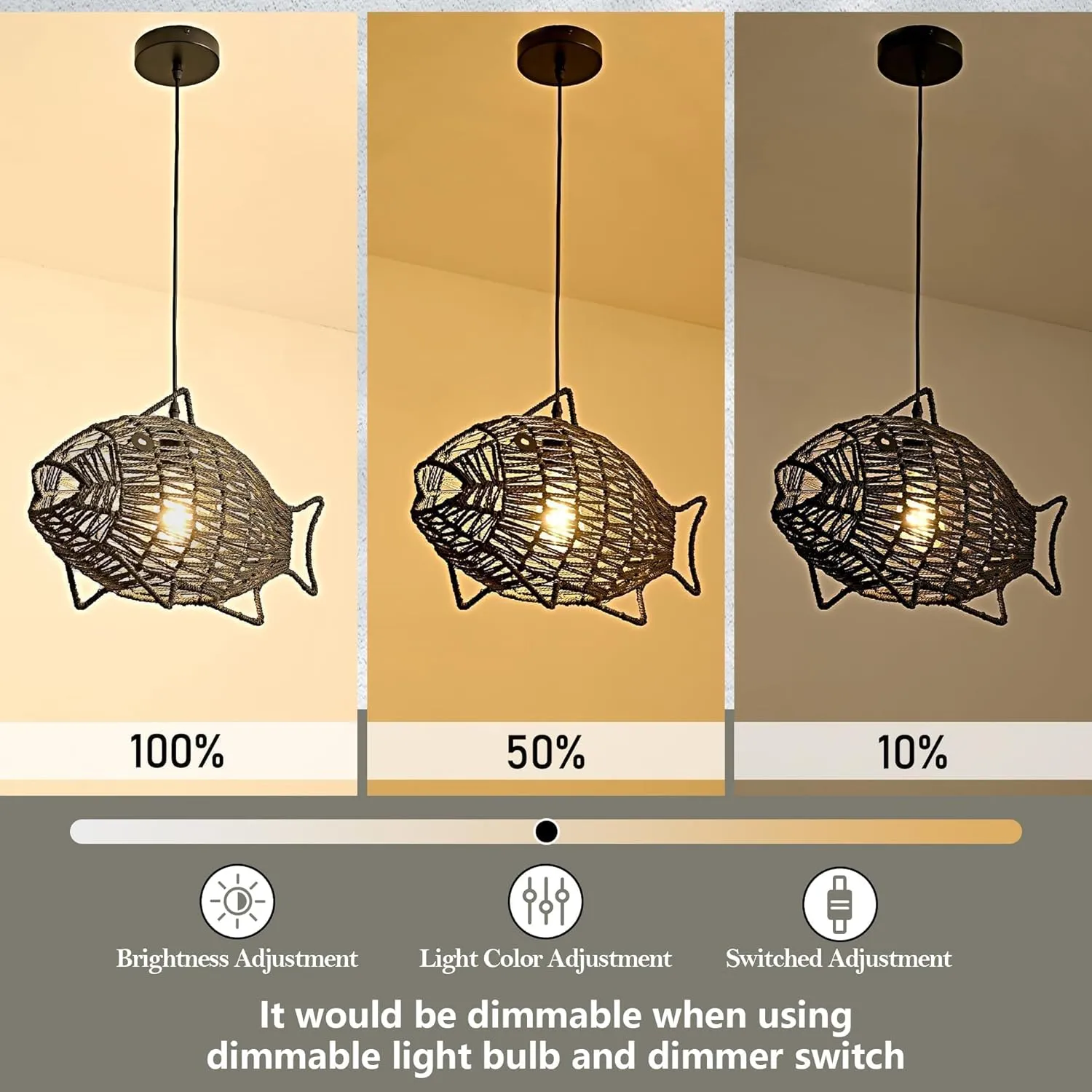 19 Inch Black Rattan Pendant Lights Boho Light Fixture Fish-Shaped Wicker Pendant Light Woven Pendant Light Hemp Rope Light for Dining Room Living Room Bedroom Kitchen Foyer(Bulb Included)
