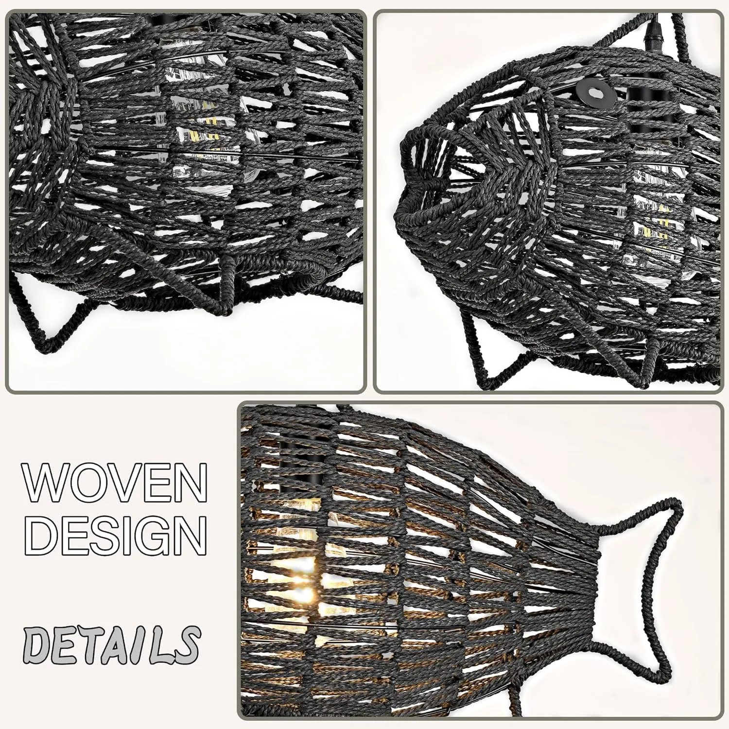 19 Inch Black Rattan Pendant Lights Boho Light Fixture Fish-Shaped Wicker Pendant Light Woven Pendant Light Hemp Rope Light for Dining Room Living Room Bedroom Kitchen Foyer(Bulb Included)