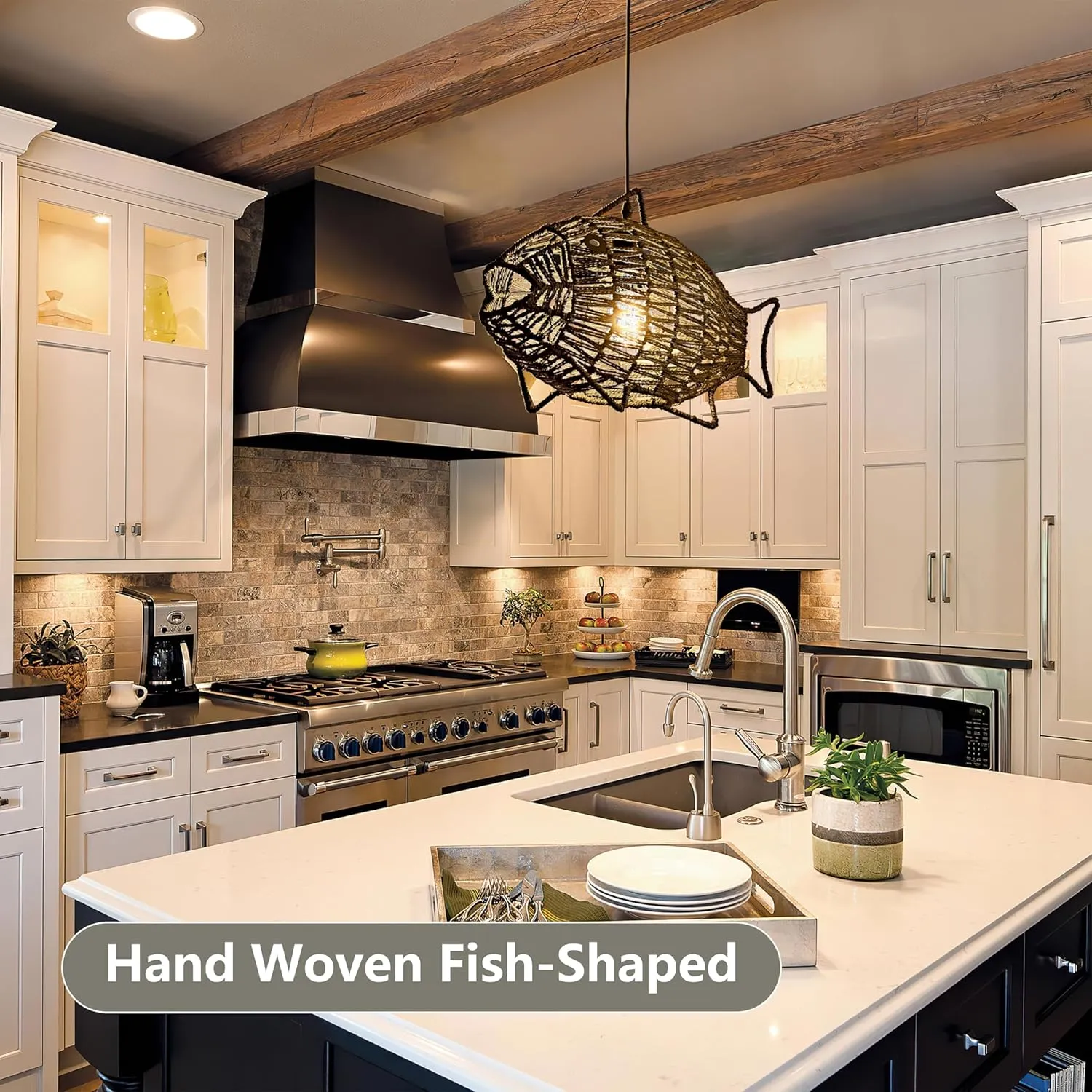 19 Inch Black Rattan Pendant Lights Boho Light Fixture Fish-Shaped Wicker Pendant Light Woven Pendant Light Hemp Rope Light for Dining Room Living Room Bedroom Kitchen Foyer(Bulb Included)