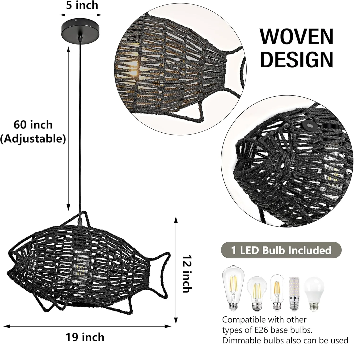 19 Inch Black Rattan Pendant Lights Boho Light Fixture Fish-Shaped Wicker Pendant Light Woven Pendant Light Hemp Rope Light for Dining Room Living Room Bedroom Kitchen Foyer(Bulb Included)