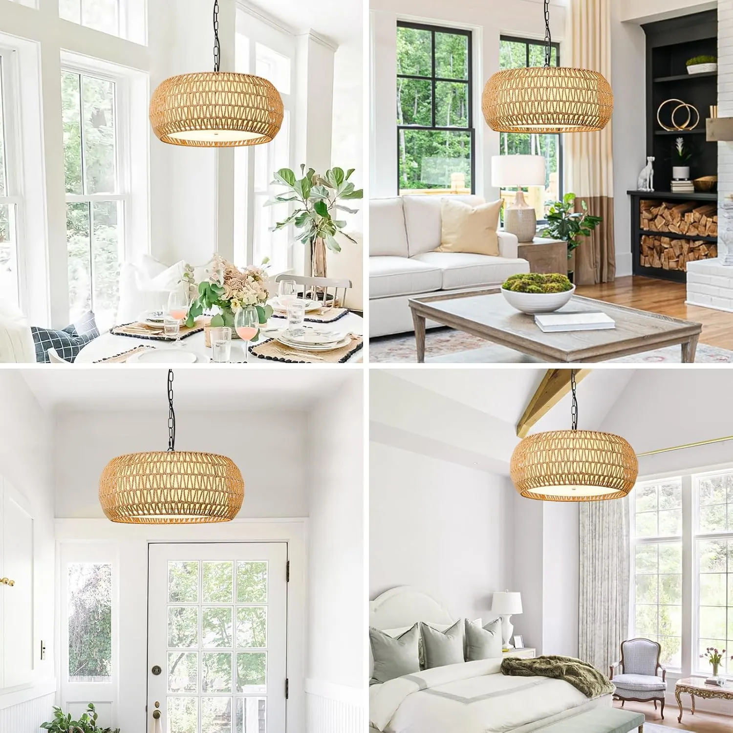 19 Inch Boho Chandeliers for Dining Room 5-Lights Farmhouse Light Fixtures Large Pendant Light Hand Woven Dining Table Light Fixture Rattan Hanging Lamp for Kitchen Island