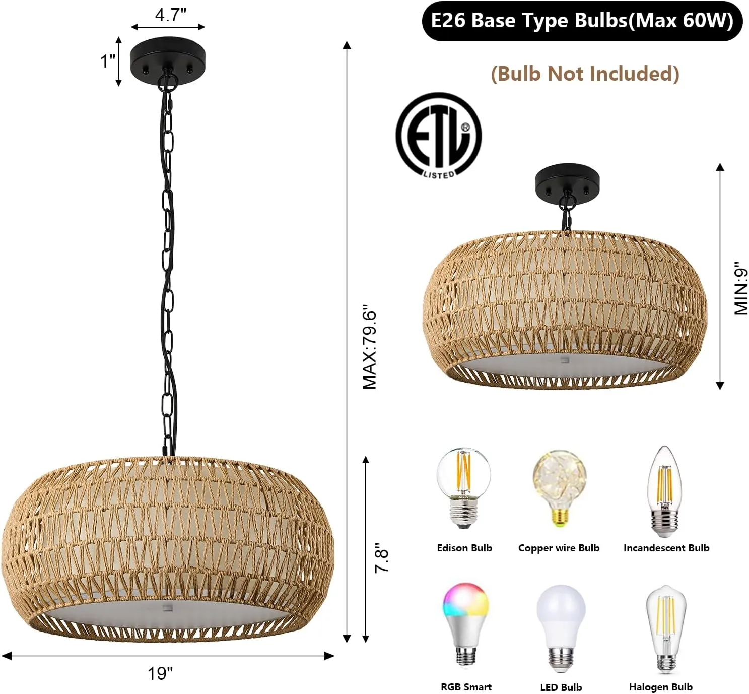 19 Inch Boho Chandeliers for Dining Room 5-Lights Farmhouse Light Fixtures Large Pendant Light Hand Woven Dining Table Light Fixture Rattan Hanging Lamp for Kitchen Island
