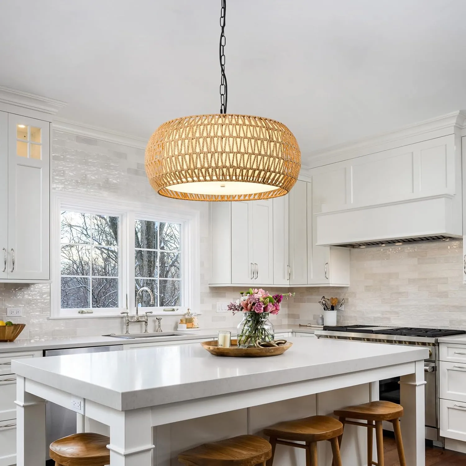 19 Inch Boho Chandeliers for Dining Room 5-Lights Farmhouse Light Fixtures Large Pendant Light Hand Woven Dining Table Light Fixture Rattan Hanging Lamp for Kitchen Island