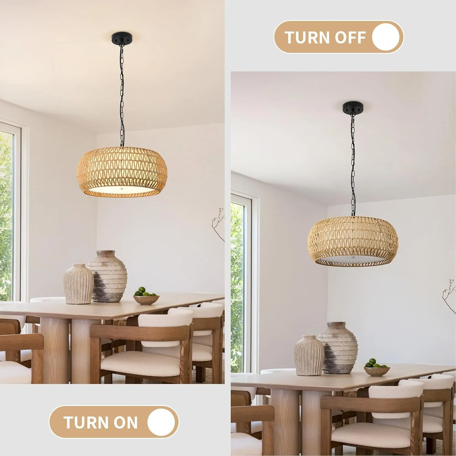 19 Inch Boho Chandeliers for Dining Room 5-Lights Farmhouse Light Fixtures Large Pendant Light Hand Woven Dining Table Light Fixture Rattan Hanging Lamp for Kitchen Island
