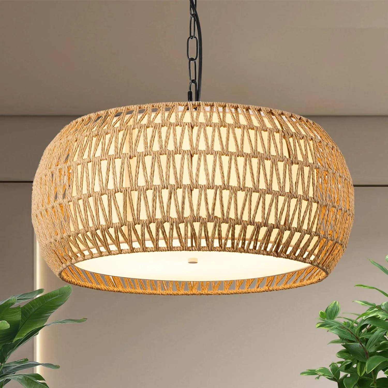 19 Inch Boho Chandeliers for Dining Room 5-Lights Farmhouse Light Fixtures Large Pendant Light Hand Woven Dining Table Light Fixture Rattan Hanging Lamp for Kitchen Island