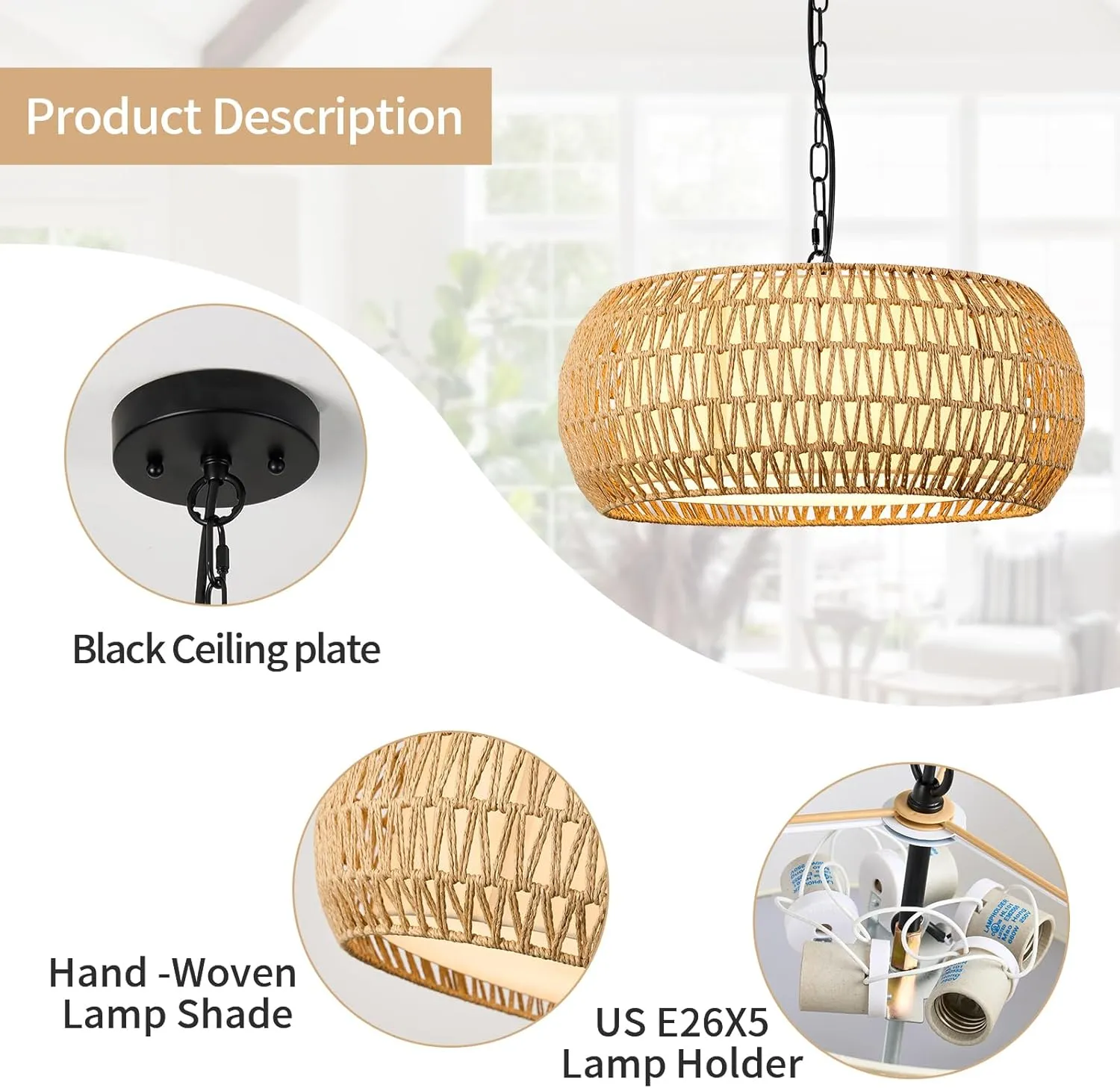 19 Inch Boho Chandeliers for Dining Room 5-Lights Farmhouse Light Fixtures Large Pendant Light Hand Woven Dining Table Light Fixture Rattan Hanging Lamp for Kitchen Island