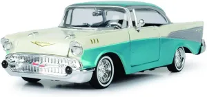 1957 Chevy Bel Air Lowrider Turquoise Metallic and White Get Low Series 1/24 Diecast Model Car by Motormax 79029